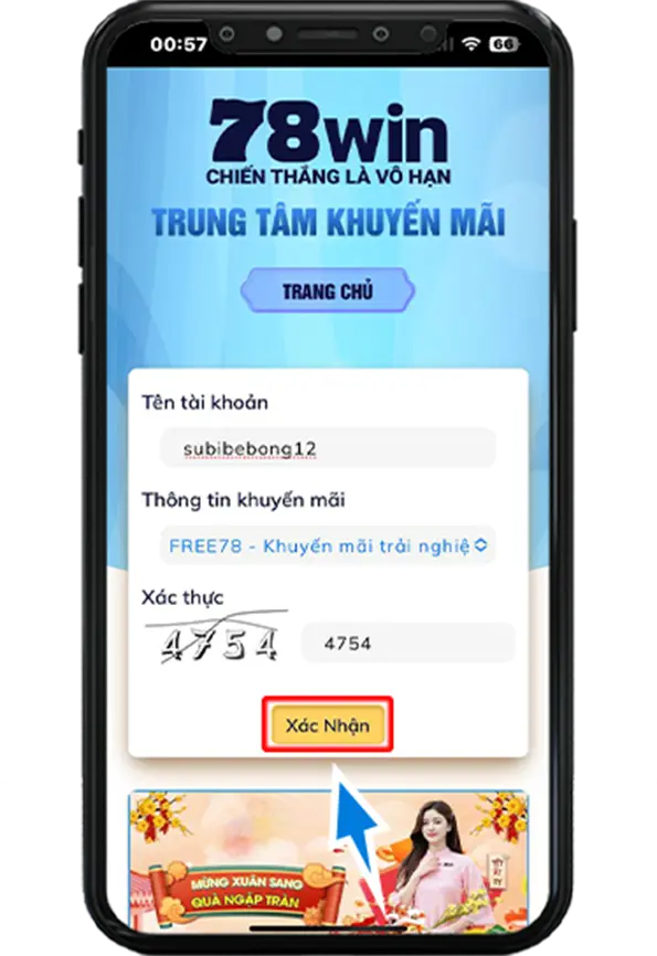 Bước 4 : Điền Tên Đăng Nhập >> Chọn Khuyến mãi FREE78 >> Điền Mã Xác Thực >> Ấn Xác Nhận